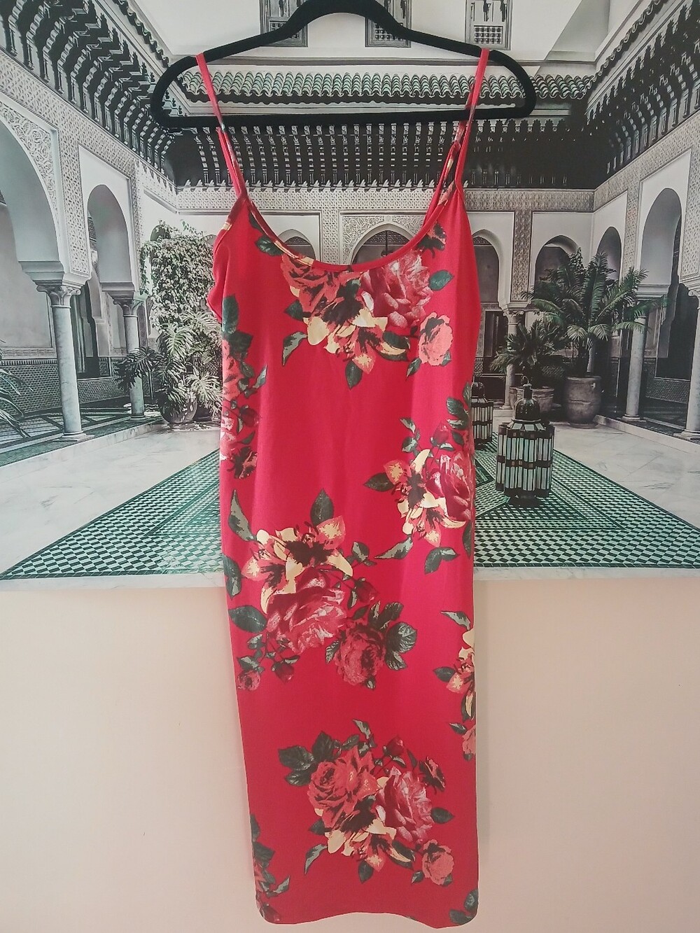 Fashion Nova Red Floral Body Moves Midi Dress with Green Accents NWT